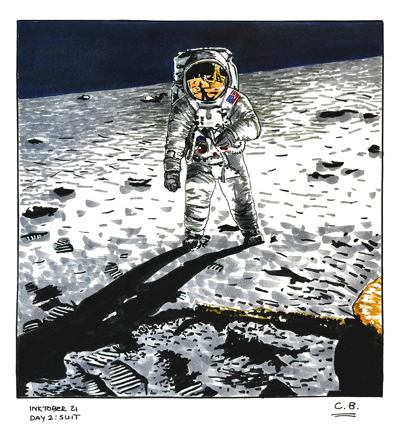 Drawing of Buzz Aldrin on the moon