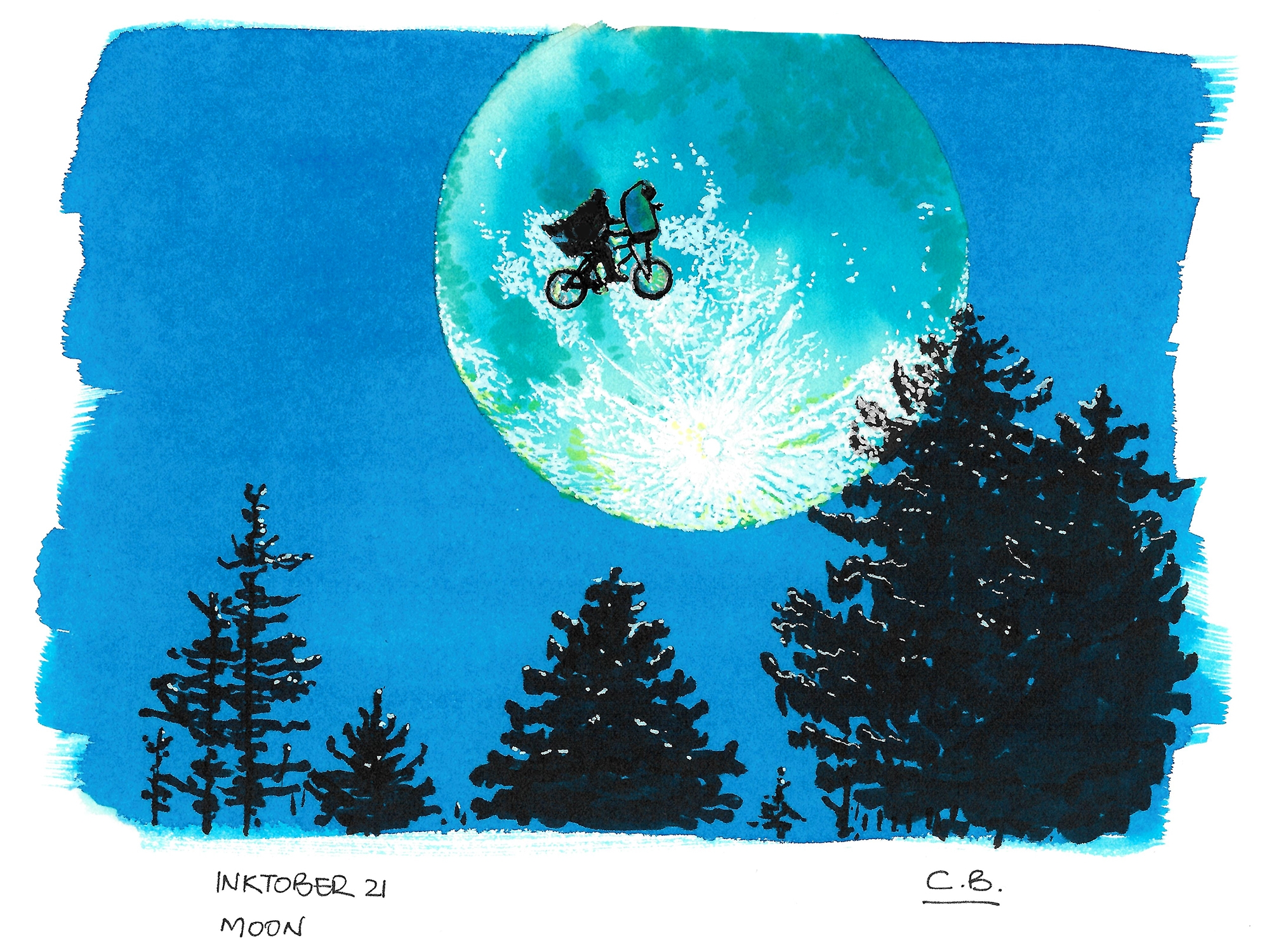 Drawing of ET and Elliot in front of moon