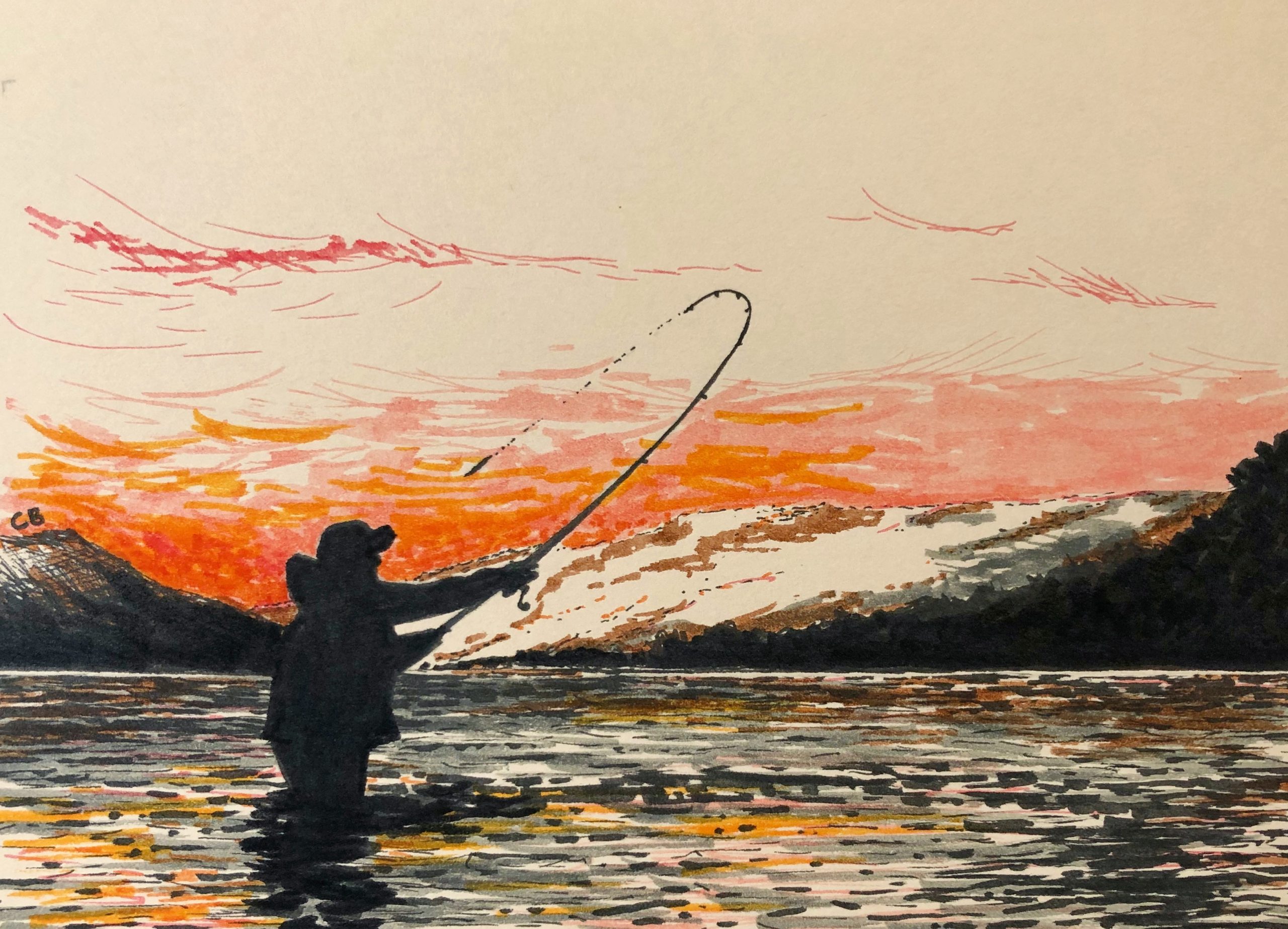 Pen and marker drawing of a fisherman in a river