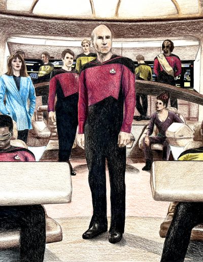 Drawing of the bridge crew of Star Trek TNG