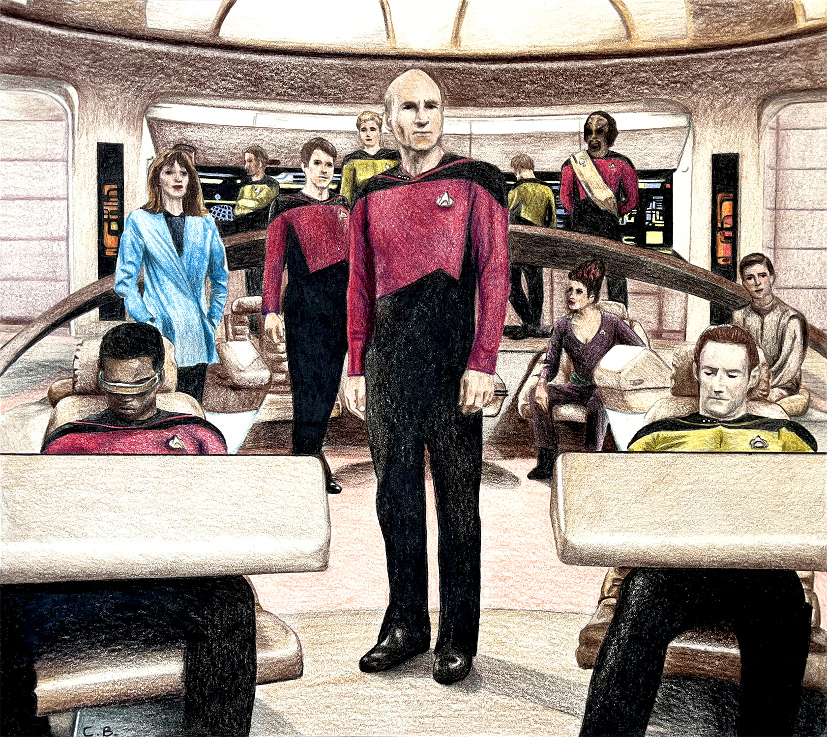 Drawing of the bridge crew of Star Trek TNG