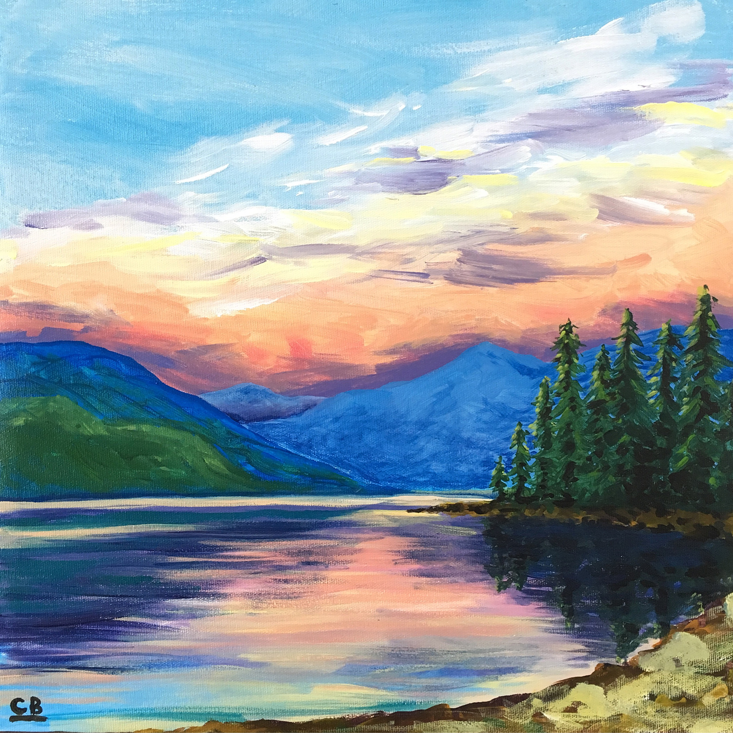 acrylic on canvas of lake scene