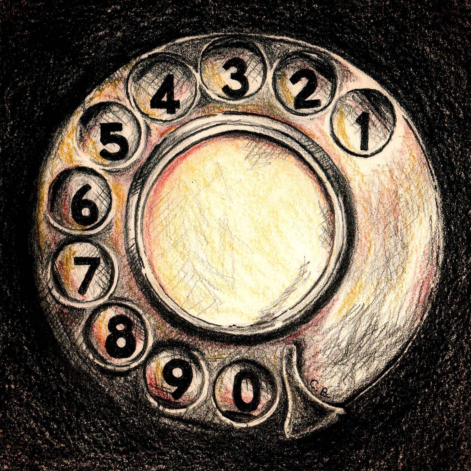 pastel and charcoal drawing of rotary dial from old phone