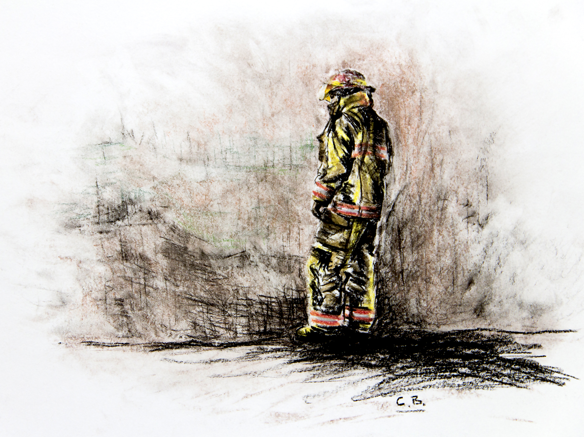 pastel and charcoal drawing of bushland firefighter