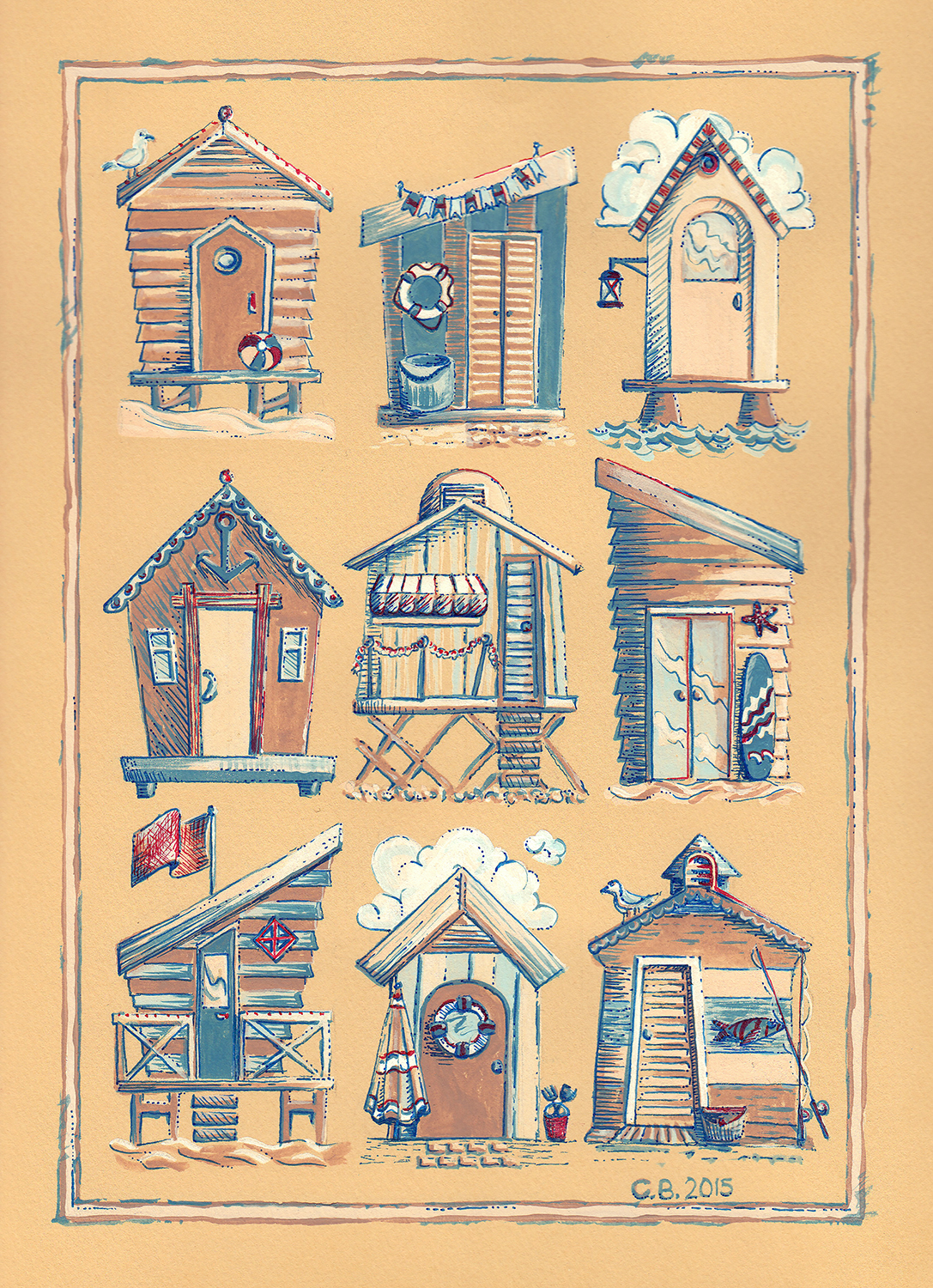 watercolour and pen drawing of beach hut montage