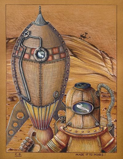 Drawing of steampunk space ship and astronaut