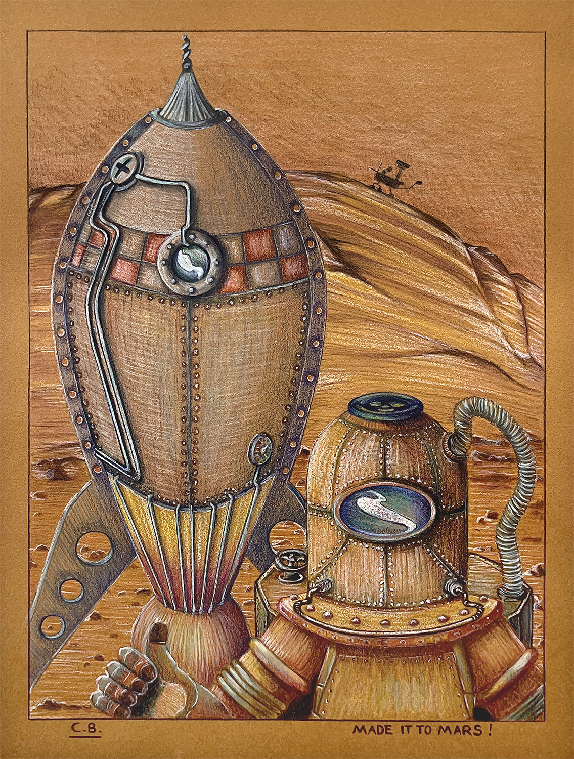 Drawing of steampunk space ship and astronaut