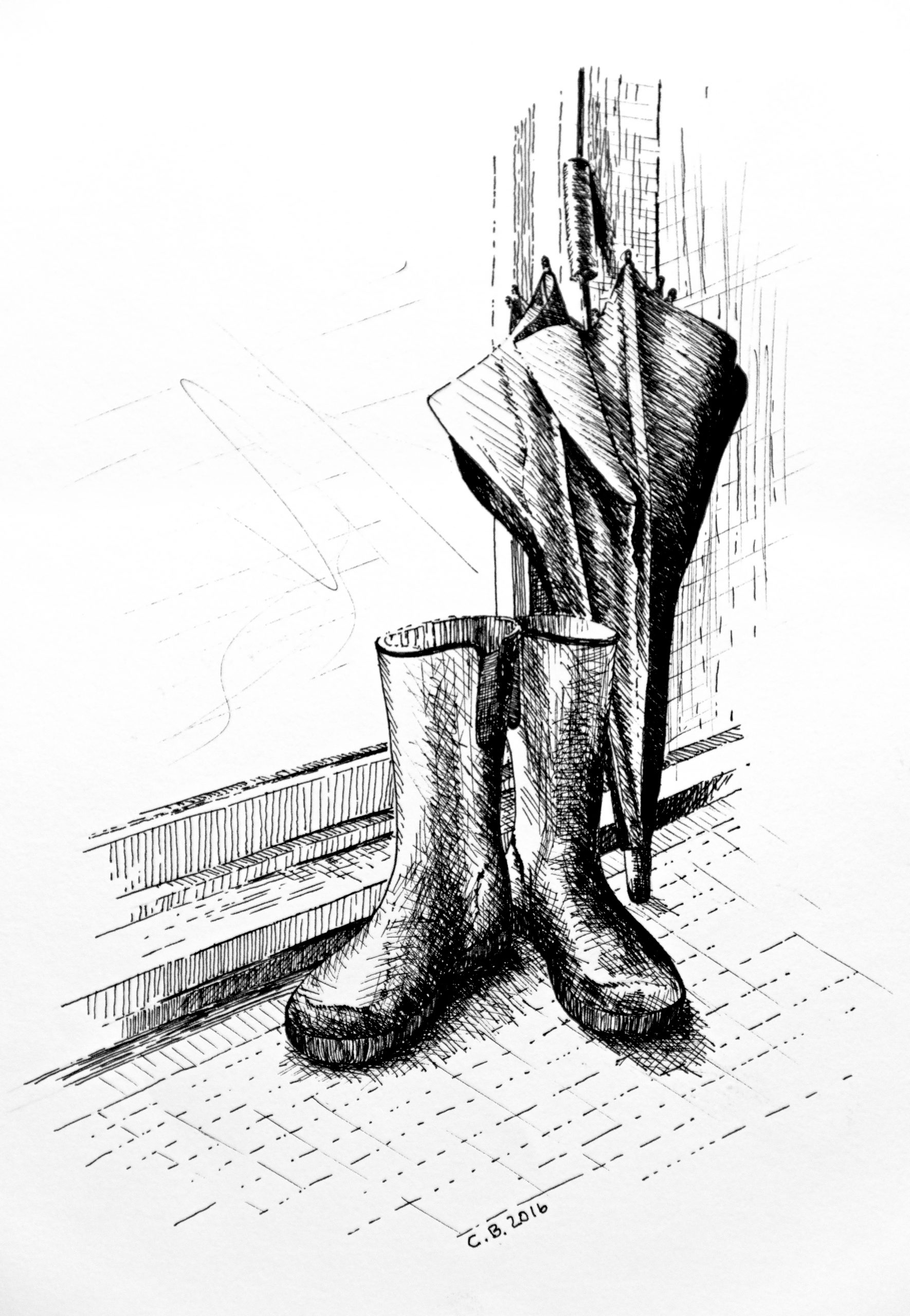 pen drawing of boots and umbrella