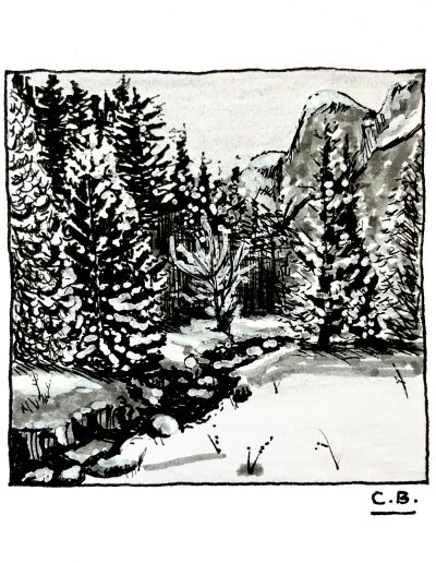 ink drawing of snowy landscape