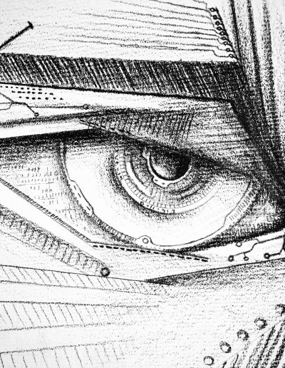 pencil drawing of steampunk mechanical eye