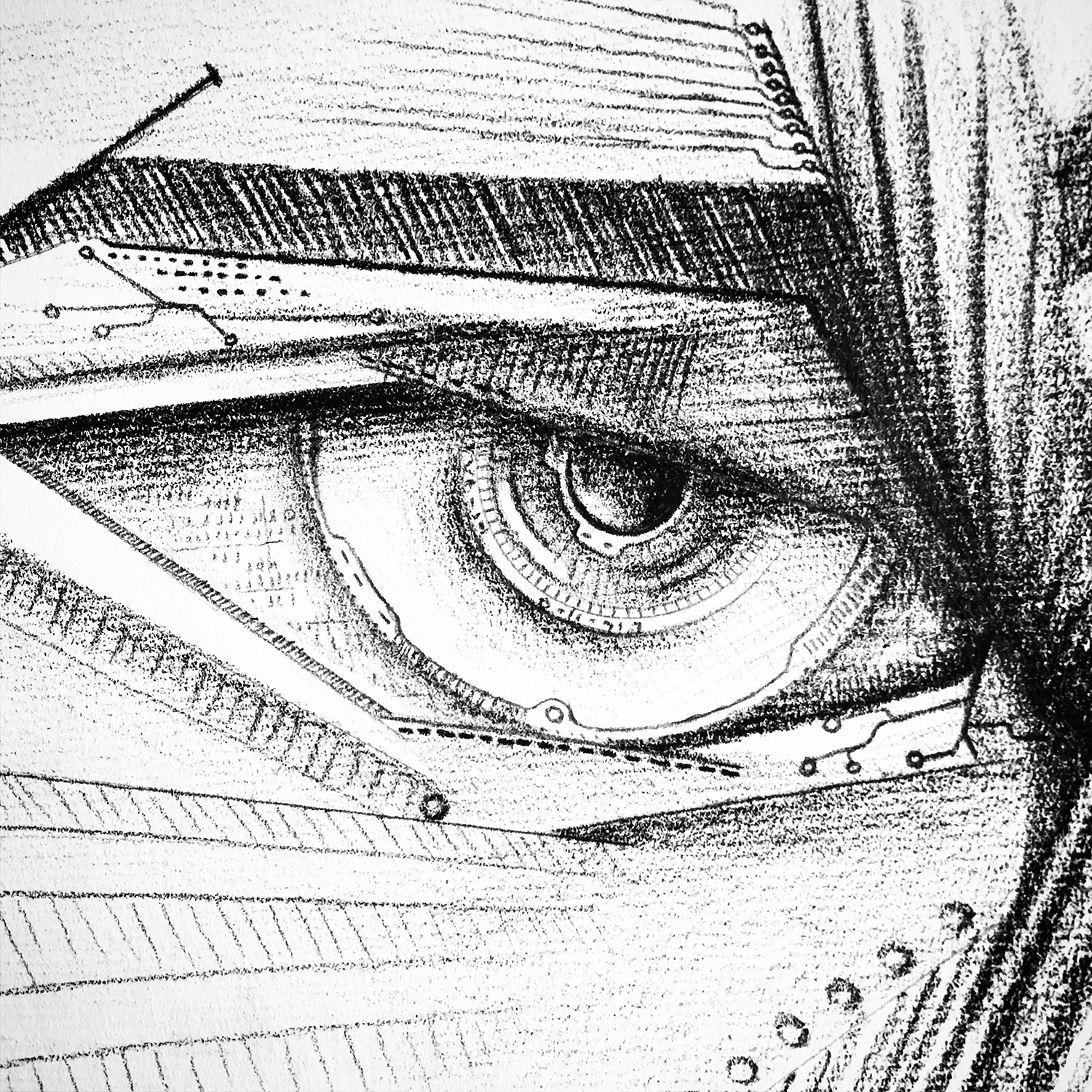 pencil drawing of steampunk mechanical eye