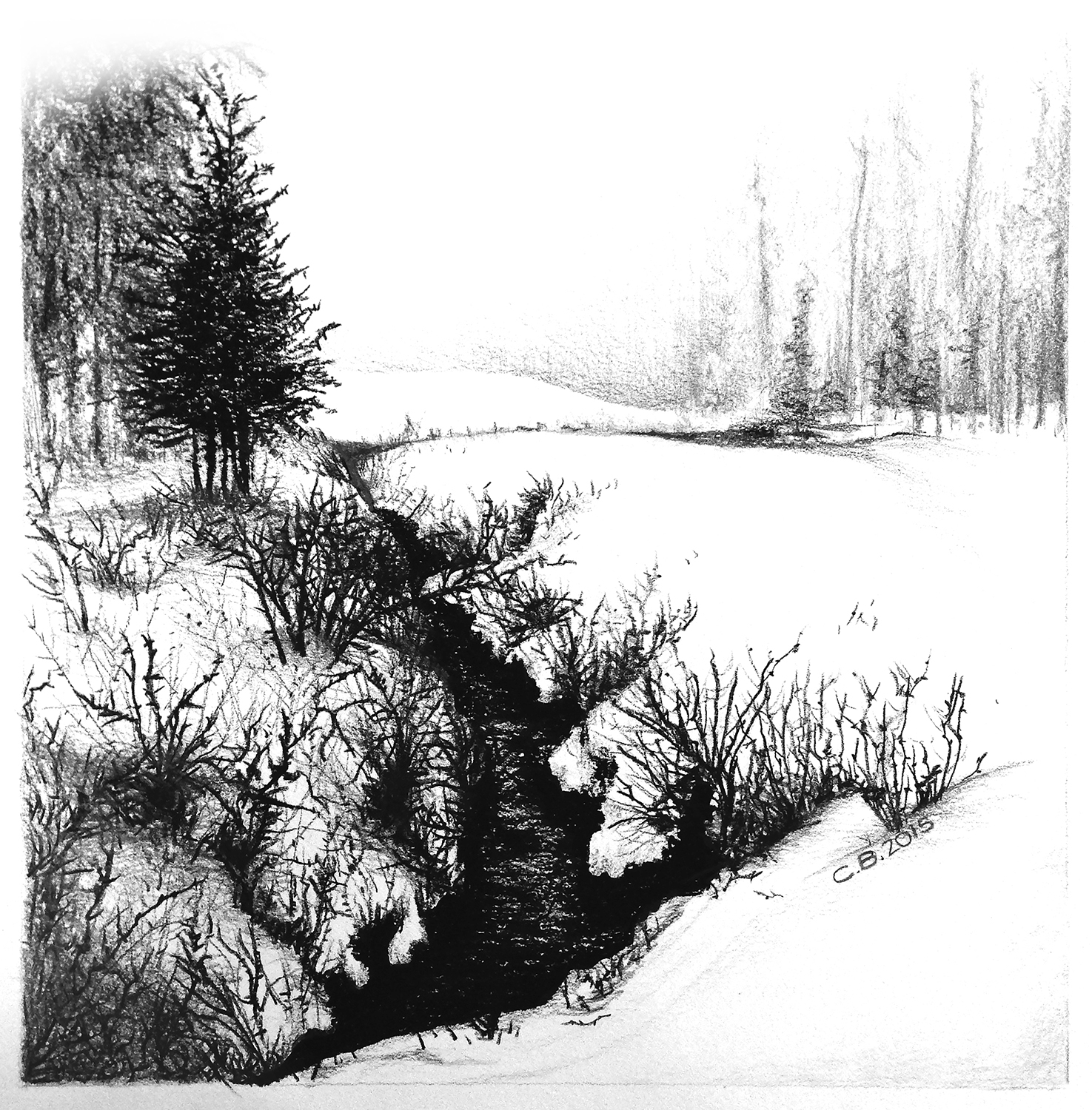 charcoal drawing of a winter landscape