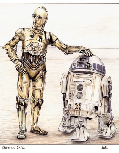 R2D2 and C3P0 from Starwars, pen and ink drawing