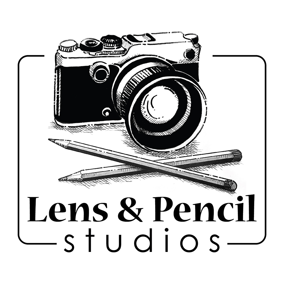 Logo design with camera and pencils drawn in black and white