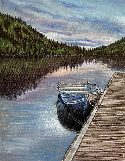 Pastel drawing of a rowboat on a lake