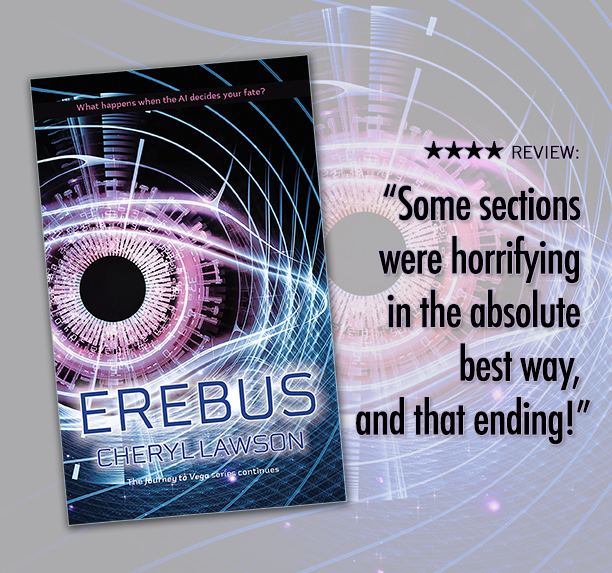 Erebus book with pink and blue background of an electronic eye