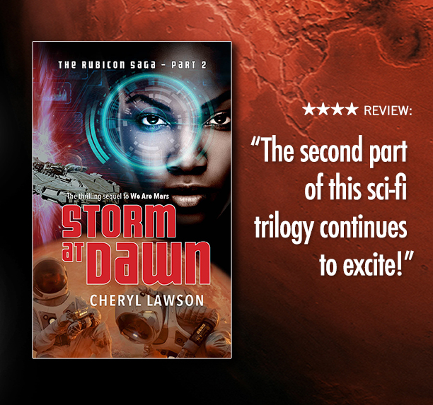 Storm At Dawn book on background picture of Mars