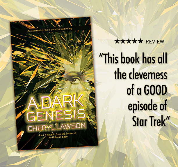 A Dark Genesis book with review on a shattered glass background