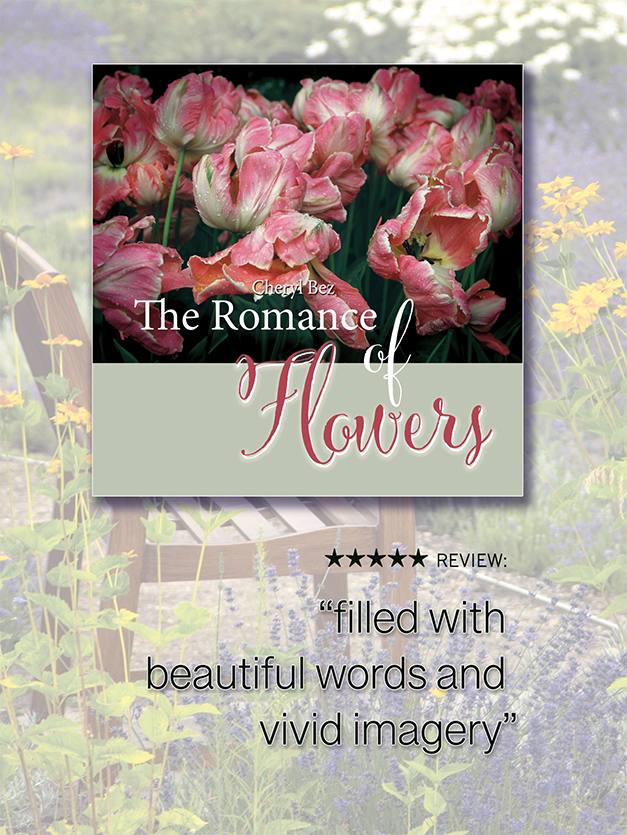 The Romance of Flowers book against a background image of a garden