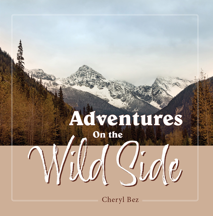 Adventures On the Wild Side cover - a photograph of a snow-capped mountain in the background, the foreground is autumn-coloured trees and dark hills.