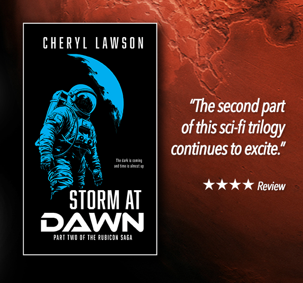 Storm At Dawn book on background picture of Mars