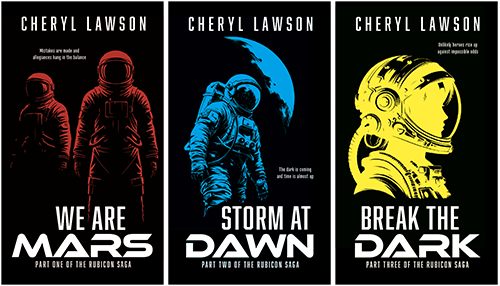 three book covers - We Are Mars, Storm At Dawn, and Break the Dark. We Are Mars is black with two red outline illustrations of astronauts. Storm At Dawn is black with an astronaut in blue against a planet outline, and Break the Dark is black with a close up illustration in yellow of a young female astronaut