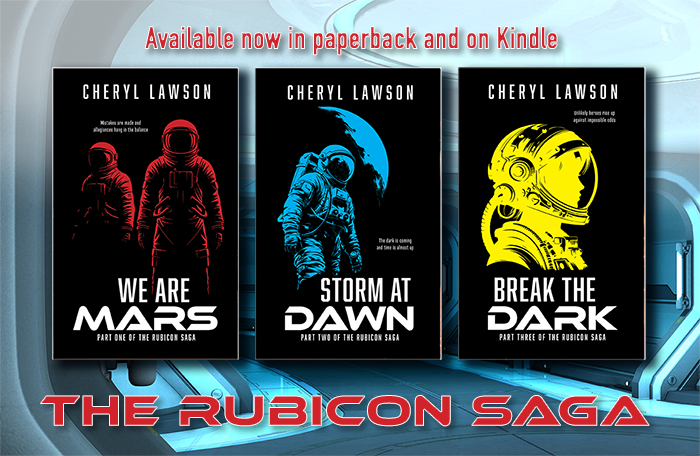 The Rubicon Saga books - We Are Mars, Storm At Dawn, Break the Dark covers with astronaut illustrations. Book covers shown against a blue illustrated space ship interior.