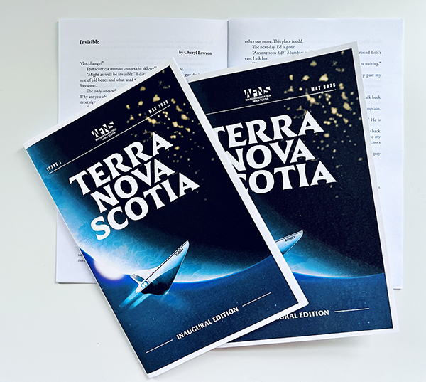Cover for Terra Nova Scotia Speculative Fiction zine produced by Writers Federation of Nova Scotia. Dark blue background with a planet and a spaceship
